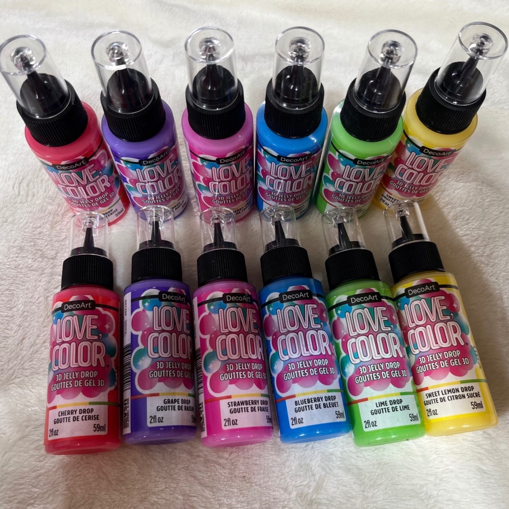 DecoArt Love Color 3D Jelly Drop Gel Paint Set 12 Pack 2oz Bottles Asst  Colors
